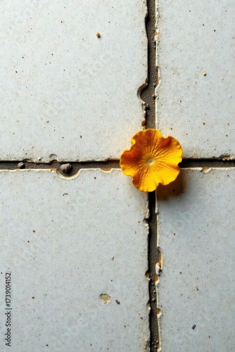 A single, vibrant yellow flower blossom rests delicately at the intersection of weathered, off-white tiles, creating a striking visual contrast against the textured surface