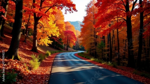 Autumnal Road Winding Through a Vibrant Canopy of Red and Gold Foliage