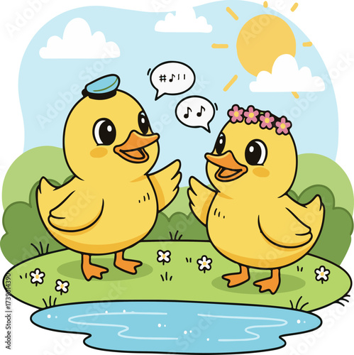 Cute Cartoon Ducklings Chatting in a Sunny Field Illustration