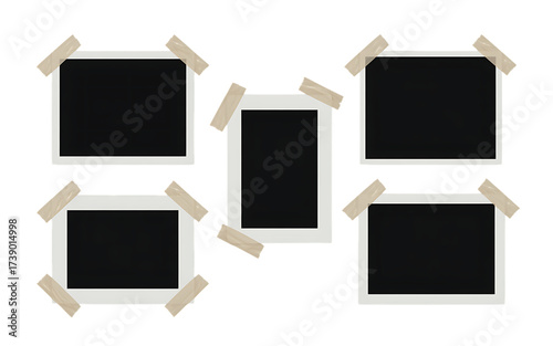 Five empty photo frames attached with taped corners for displaying memories isolated on transparent background