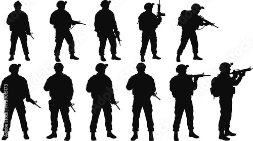Silhouette soldiers military poses, armed troops with rifles, combat stances, tactical army silhouettes, war fighters illustration, defense icons, battlefield action, vector design elements