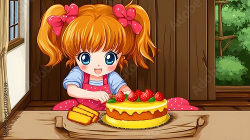 Adorable anime girl decorating cake with strawberries illustration at home