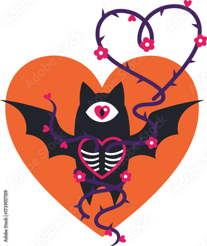 One-eyed bat with pink hearts and tail looped in shape of love � creepy cute Halloween graphic