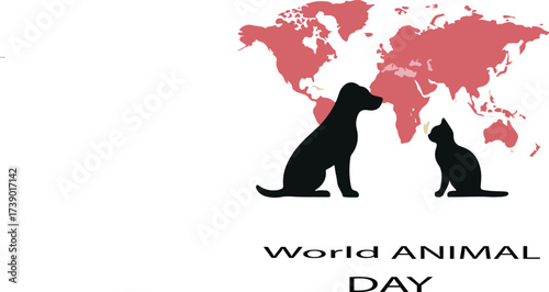 Celebrate world animal day with companionship showing dog and cat silhouettes amidst world map vector