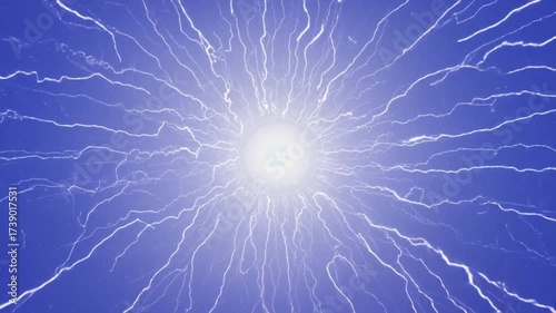 concentrated lightning, Spotlight dolly in video of an intense meeting of silver and blue lightning bolts striking powerfully, illuminating a dark scene, concentrated energy bolts, sharp light beams