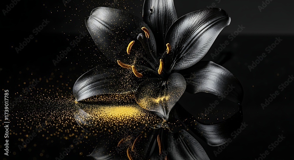 Fototapeta premium Dramatic Black Lily with Golden Sparkles on Reflective Surface, Dark Floral Art.
