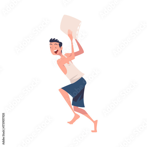 Pajama Party with Man Character Pillow Fight Vector Illustration