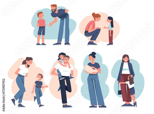 Parent with Child Have Close Relationship Spend Time Together Vector Set