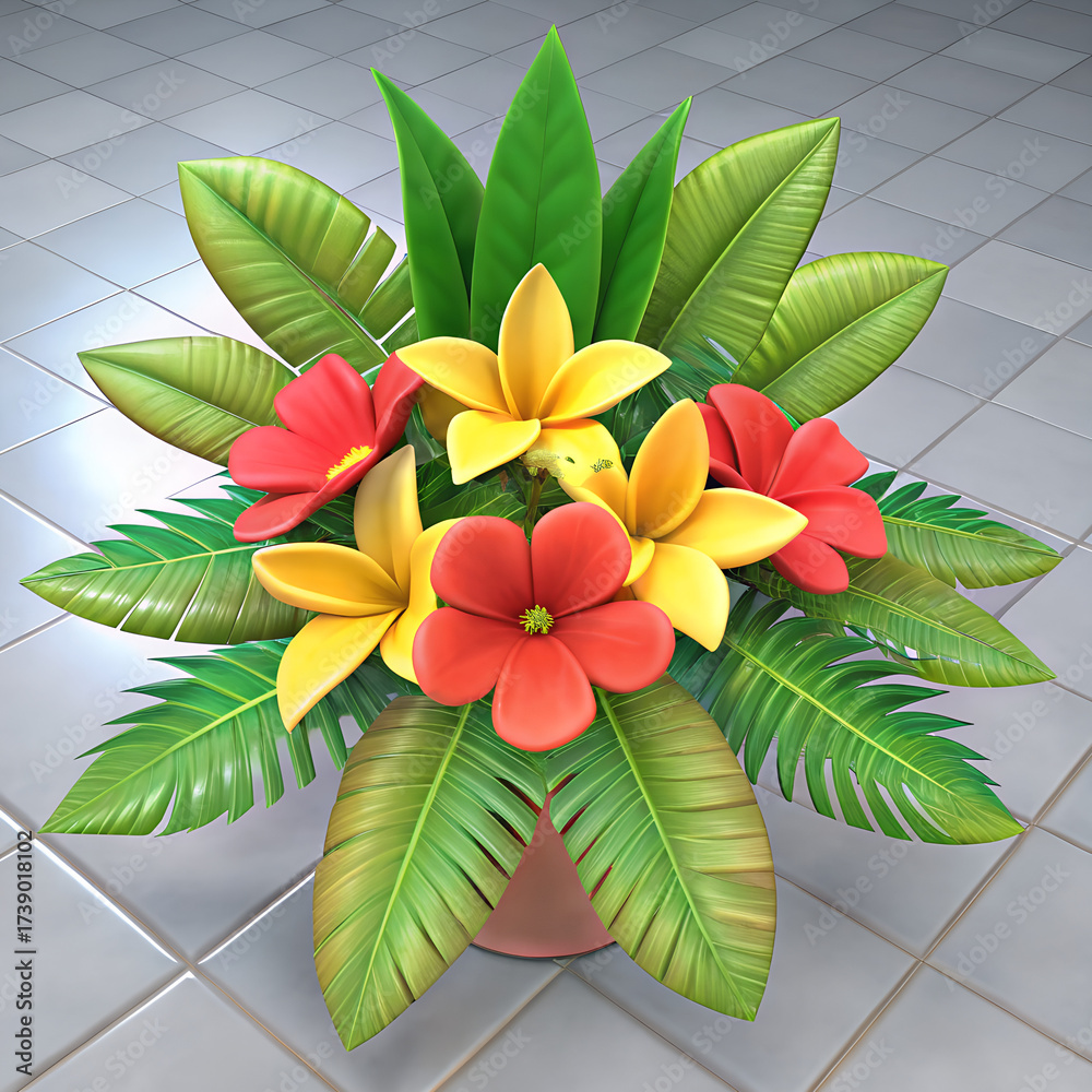 Obraz premium “Tropical Floral Arrangement with Red Leaves and Yellow Blossoms for Indoor Wedding or Ceremony Decoration”