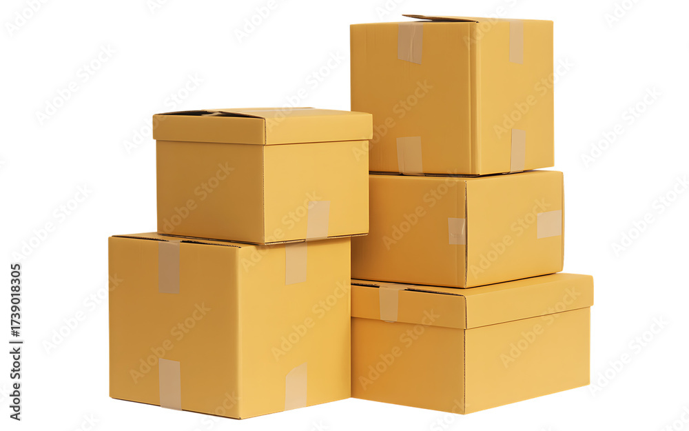 Obraz premium Stacked brown cardboard shipping boxes ready for storage and delivery isolated on transparent background