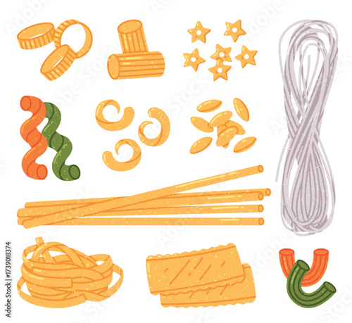 Pasta of Different Shapes as Wheat Food for Cooking Vector Set