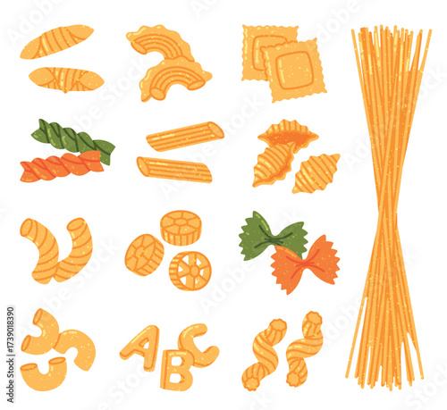Pasta of Different Shapes as Wheat Food for Cooking Vector Set