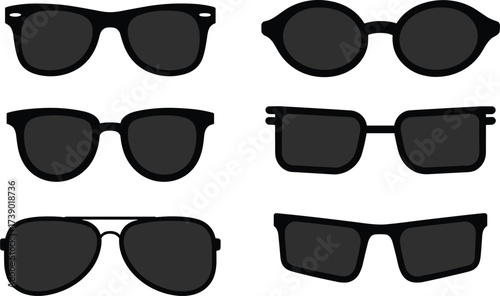 Set of Six Black Sunglasses Silhouettes, Classic Wayfarer, Aviator, and Round Frames, Modern Eyewear Vector Collection for Summer Accessories and Fashion Design