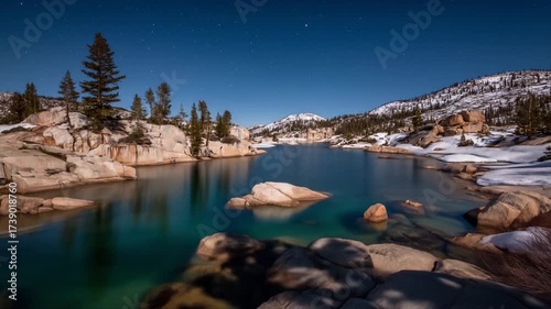 Tranquil lake landscape with rocky shores and snow capped mountains
