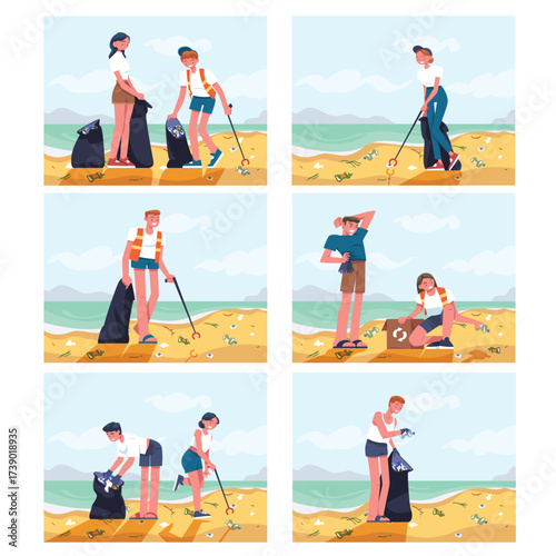 People Character Collecting Garbage on Beach Vector Set