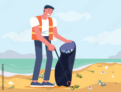 Man Character Collecting Garbage on Beach Vector Illustration