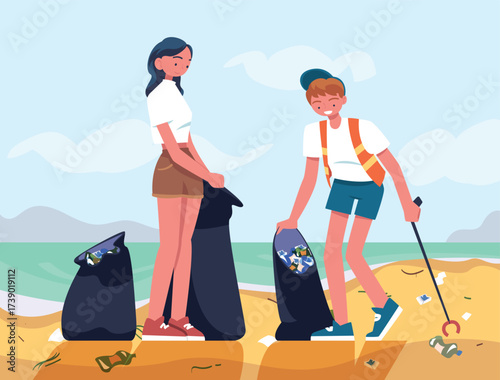 Man and Woman Character Collecting Garbage on Beach Vector Illustration