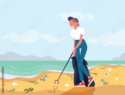 Woman Character Collecting Garbage on Beach Vector Illustration