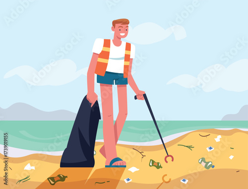 Man Character Collecting Garbage on Beach Vector Illustration