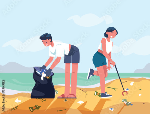 Man and Woman Character Collecting Garbage on Beach Vector Illustration