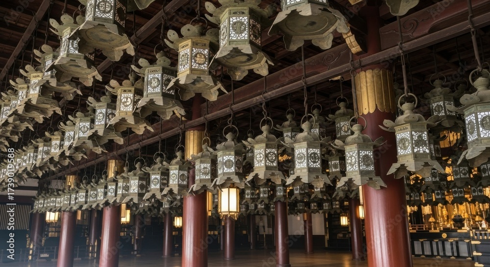 Fototapeta premium Japanese lanterns hanging in rows create an atmosphere of serenity