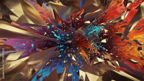 Vibrant abstract splash of colors and gold fragments in dynamic explosion effect