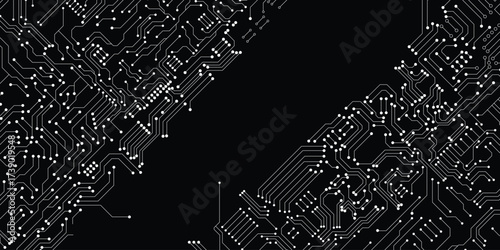 White lines and dots circuit pattern on black background. 