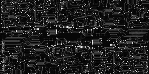 White lines and dots circuit pattern on black background. 