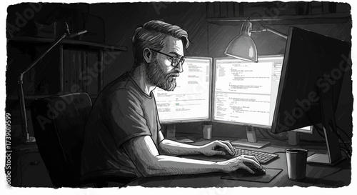 Software Developer Coding at Desk with Multiple Computer Screens