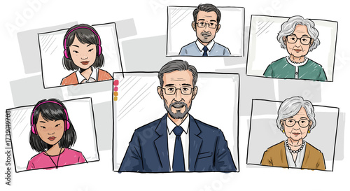 Asian professionals in a virtual meeting, collaborating remotely through video conference technology