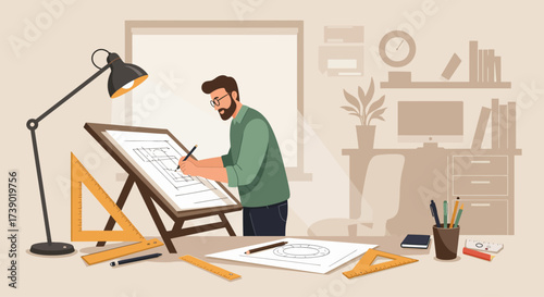 A bustling modern office with diverse professionals analyzing complex data