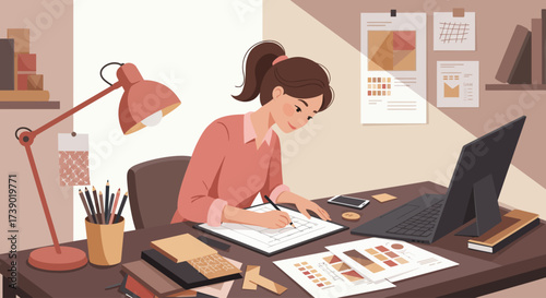 Illustration of a young woman working at a desk with a laptop and lamp