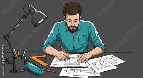 Illustrator at Work Crafting Designs with Precision and Creativity