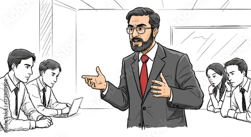 Professional businessman discussing project plans with colleagues during a corporate meeting