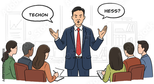 A business leader presenting two different choices during a corporate meeting