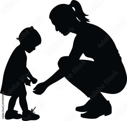 mother tying shoelaces for her child silhouette vector illustration