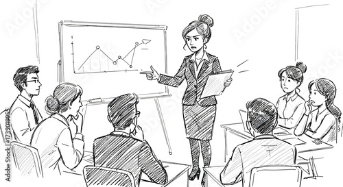 Businesswoman leading a professional meeting, presenting growth analytics to a diverse team