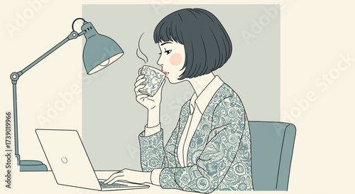 Illustration of a young woman enjoying a warm coffee while working on her laptop at a desk