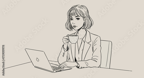 Illustration of a woman drinking coffee at her computer