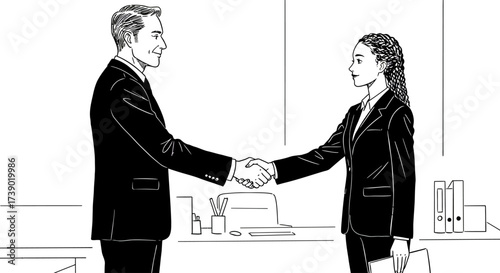 Collaborative business professionals finalize a deal with a firm handshake, depicting teamwork and mutual respect