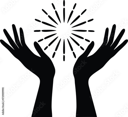 pair of hands reach up towards a burst of light in a clean silhouette vector for world humanitarian day