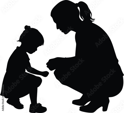  mother tying shoelaces for her child silhouette vector art