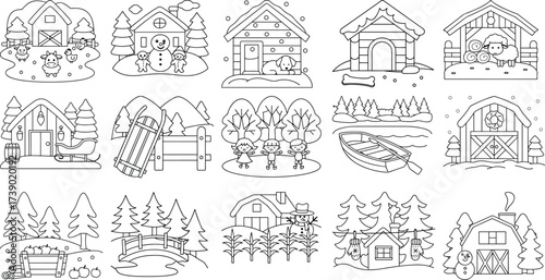 Winter farm and village scenes with animals and children in outline style snow barn