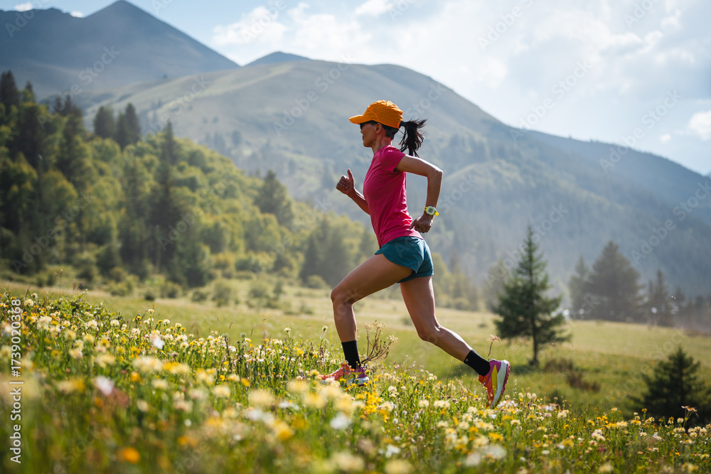 Obraz premium Trail runner running on the high altitude grassland mountain