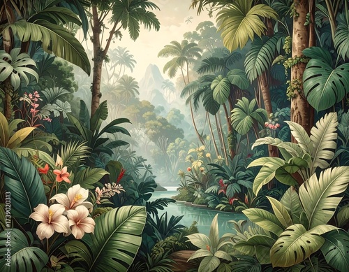 Idyllic rainforest scene featuring lush vegetation, water, and mountains in the background