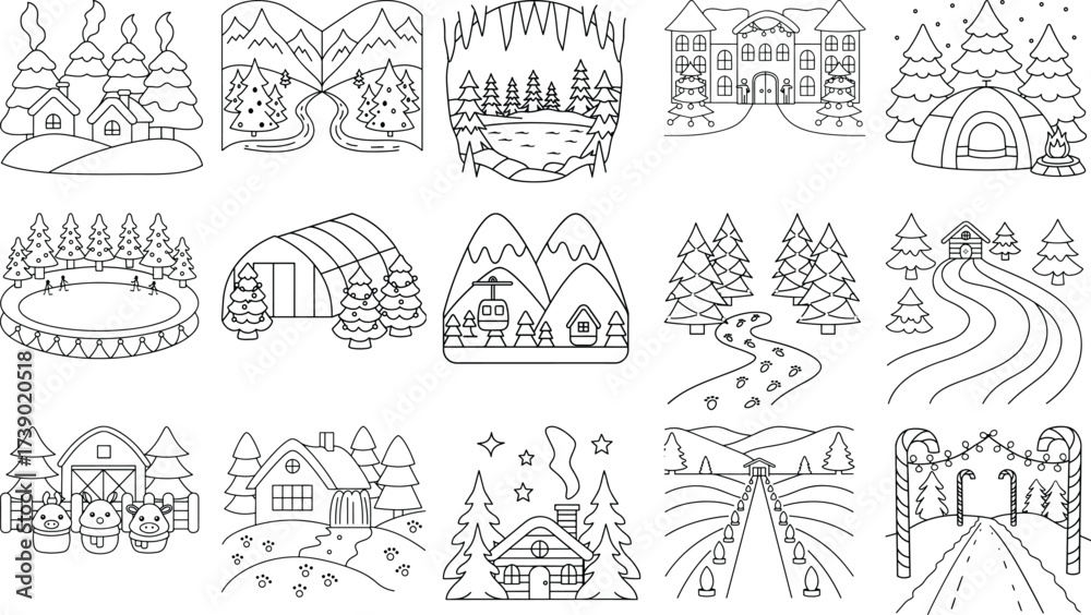 Obraz premium Winter Village and Landscape Line Art Collection house vector