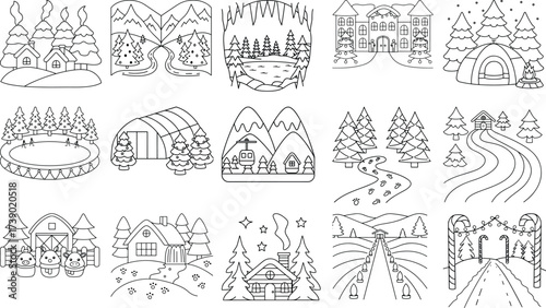 Wallpaper Mural Winter Village and Landscape Line Art Collection house vector Torontodigital.ca