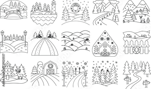 Winter landscapes and village scenes with bridges, lighthouses, and trees vector illustration