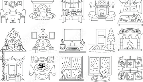Cozy Christmas Interior and Exterior Scenes Line Art for Coloring and Design Keywords: christmas, interior, exterior, dining table, fireplace, cat, gifts, bench, armchair, window, desk, computer