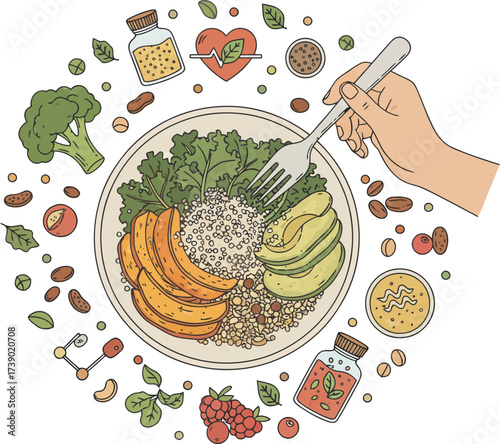 Plant-Based and Mindful Eating Bowl with Healthy Ingredients	